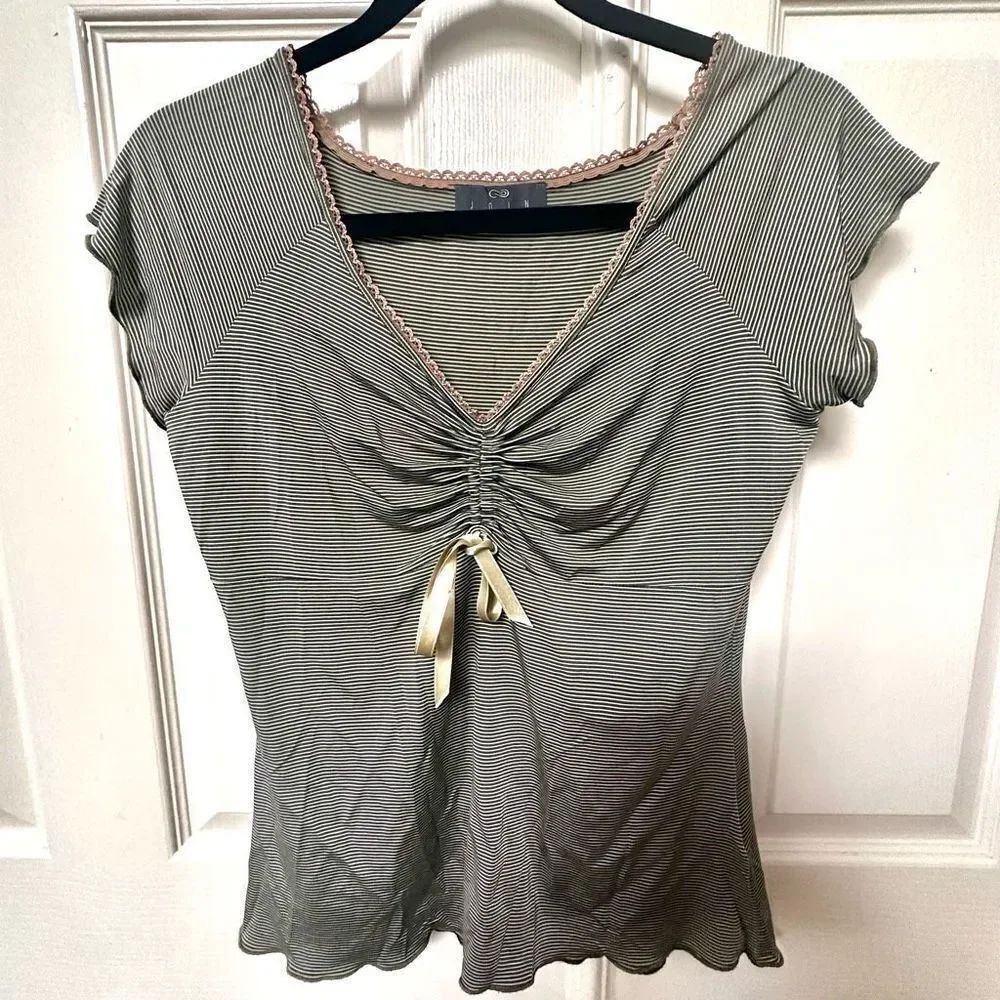 Join grey and white striped short sleeved gathered top